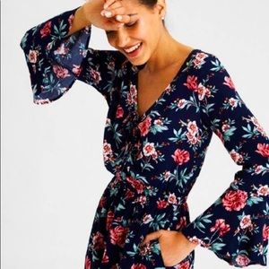 American Eagle Outfitters Navy Floral Long Bell Sleeve Romper
